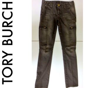 Tory Burch Women's Olive Brown Stretch Moto Cargo Jeans Size 28
